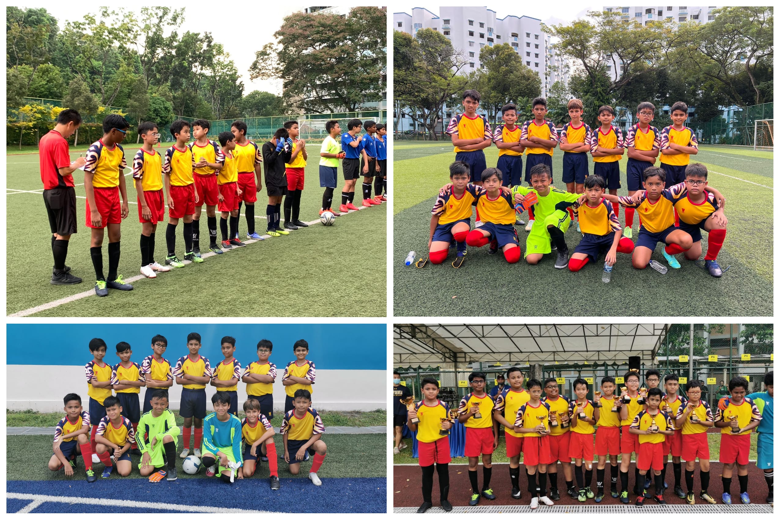 Collage of youth soccer team in yellow jerseys lining up, posing on field, and holding trophies.
